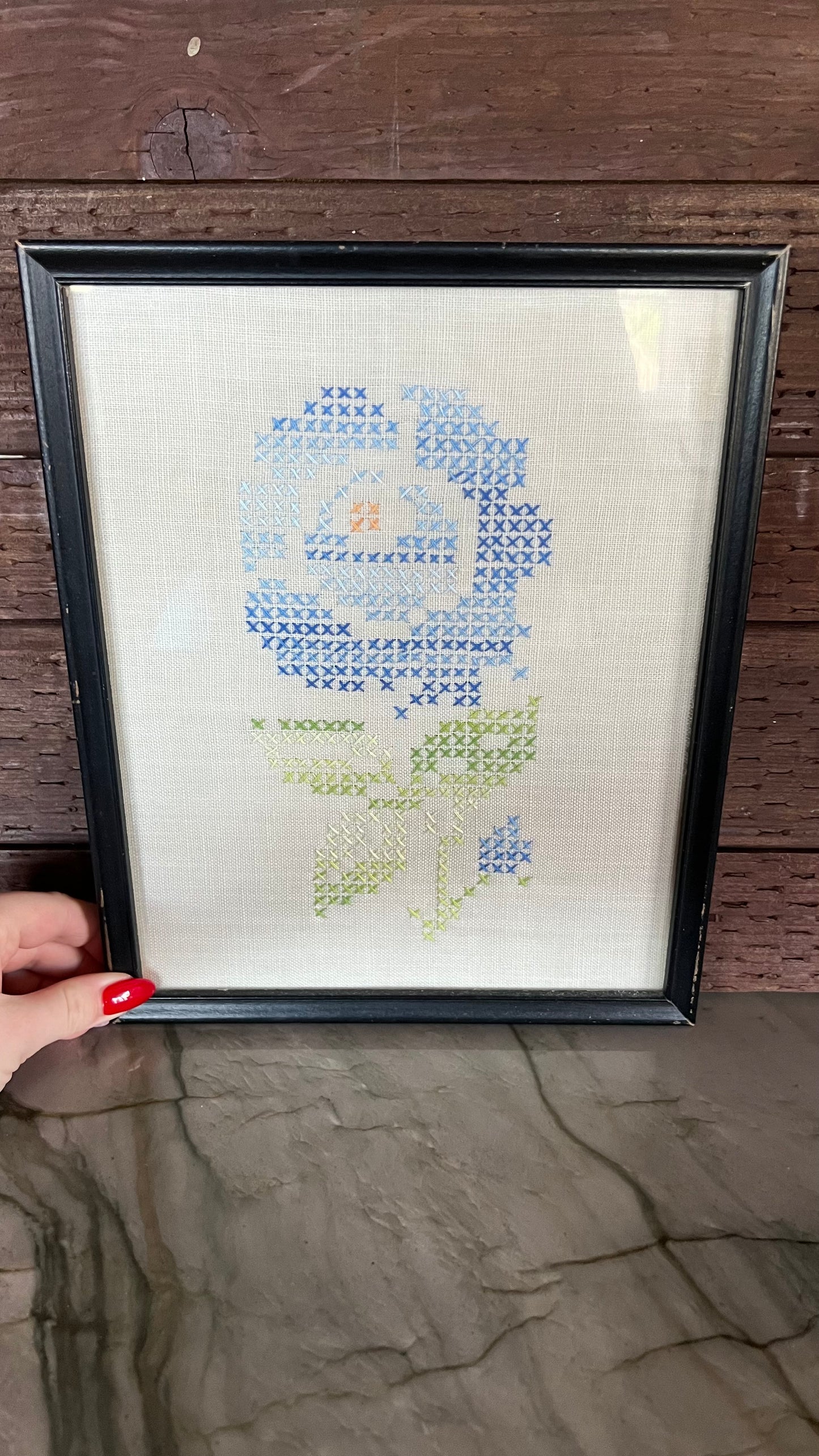 Framed Blue Flower Cross Stitch