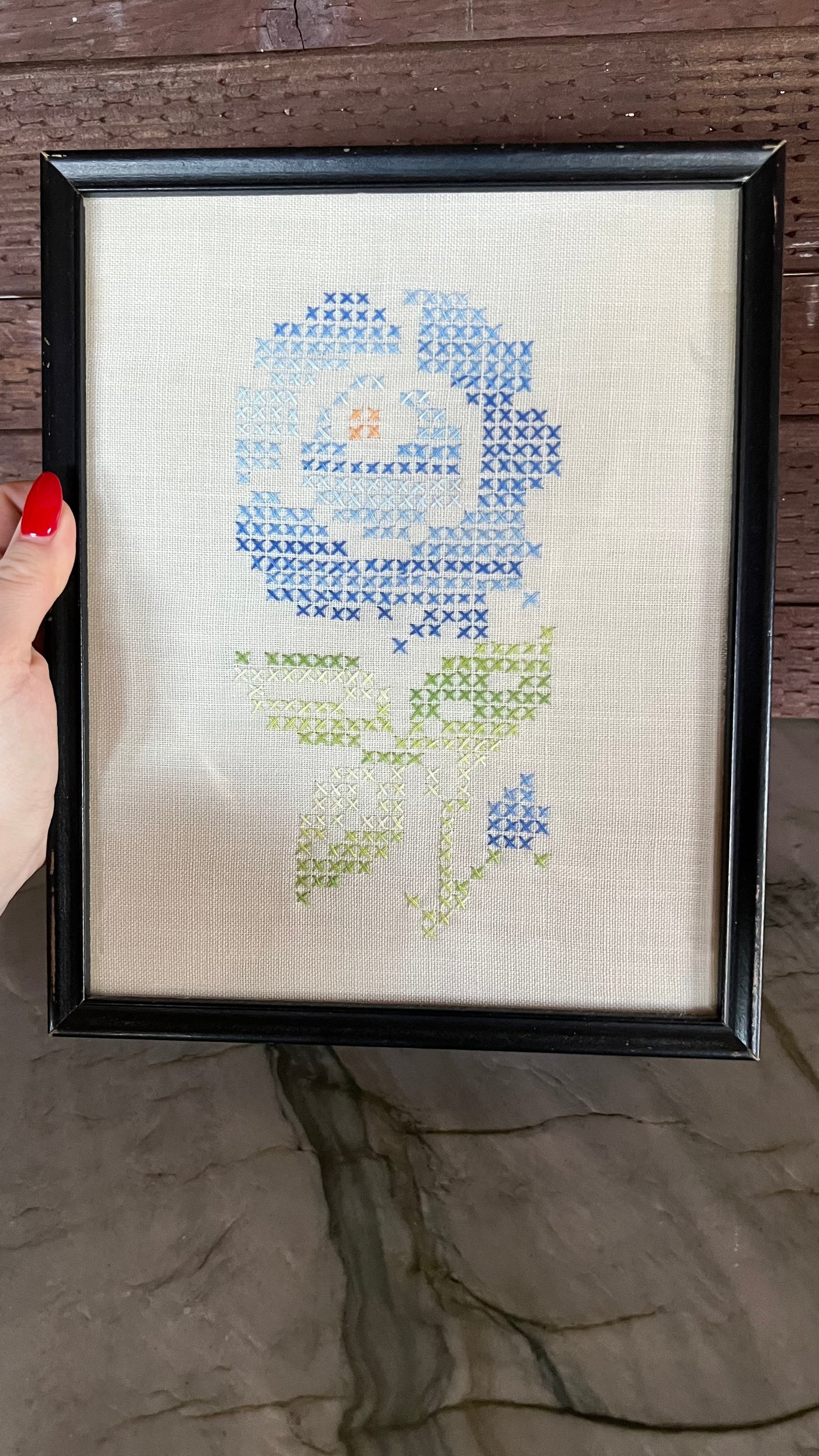 Framed Blue Flower Cross Stitch