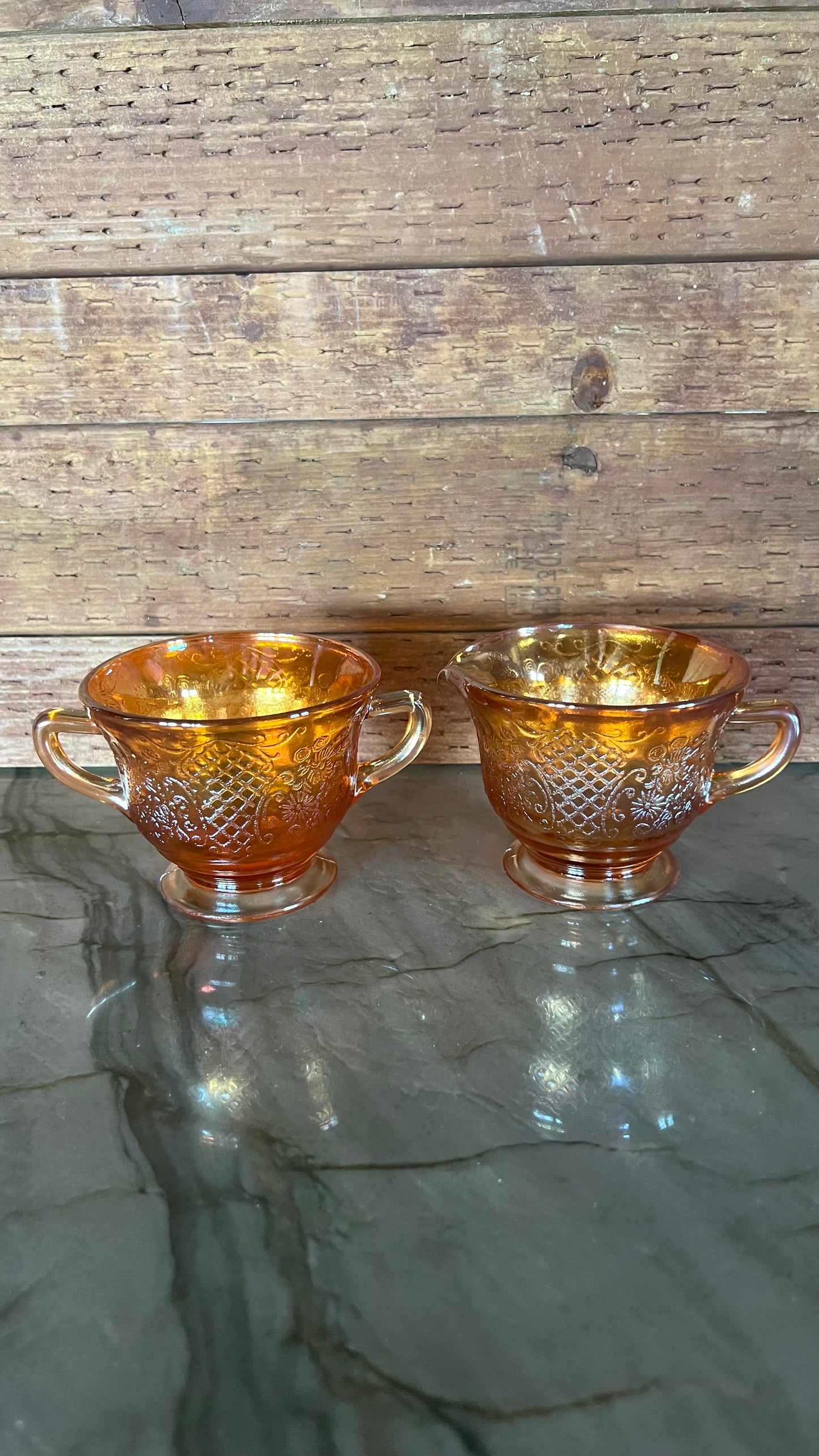 Antique Federal Carnival Glass Cream & Sugar Set