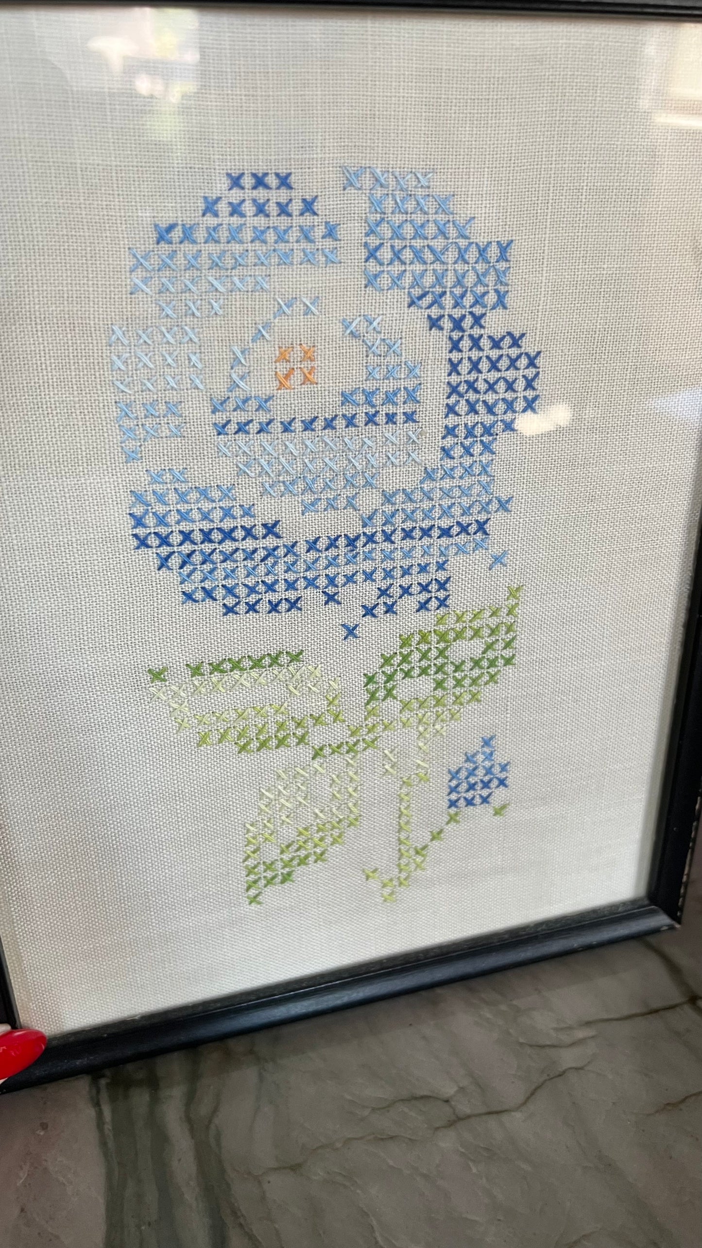 Framed Blue Flower Cross Stitch